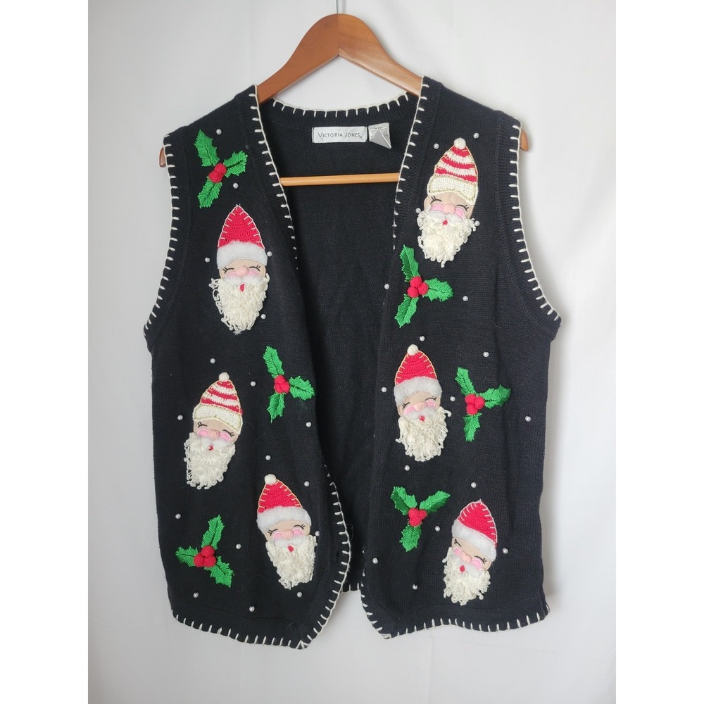 Victoria‎ Jones Ugly Christmas Sweater Vest Women's M Black Santa Holly Applique
